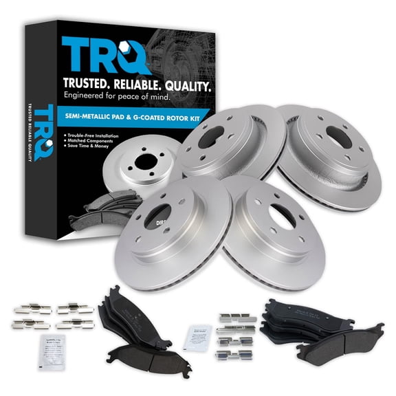 TRQ Front and Rear Brake Pad & Rotor Kit Brake Pads Brake Rotor Semi-Metallic Premium G-Coated Fits Select 2002-2004 Dodge Ram 1500