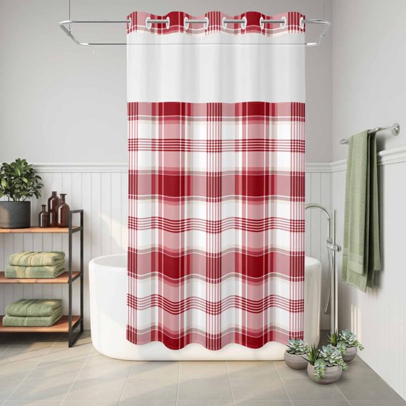No Hook Shower Curtain Check Plaid Waterproof Fabric Shower Curtain Red White Hotel Style Bathroom Curtain with See Through Top Window Machine Washable 36x72in