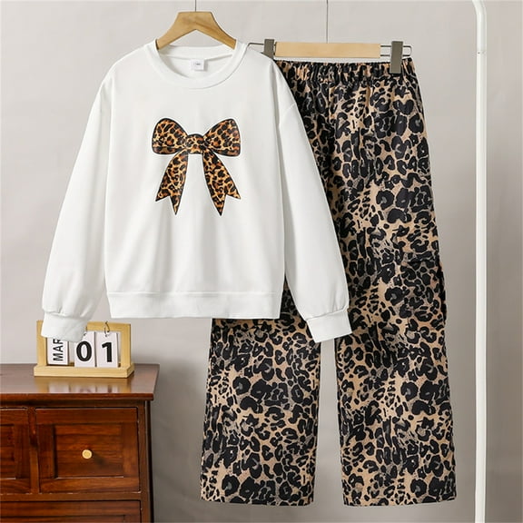 Tfken Toddler Teen Girls Outfit Set Leopard Print Long Sleeve Sweatshirt Pants Soft Brown Clothing Sets Size 7-8 Years