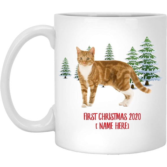 Personalized Name Custom Year Tabby Cat Red First Christmas 2025 Gifts New Years 2026 Decorations Winter Coffee Mug Ceramic White 11 oz