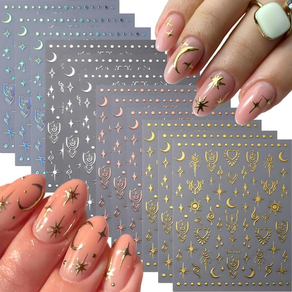 12 Sheets Star Nail Stickers for Nail Art Gold Moon Star Nail Art Stickers Decals 3D Self Adhesive Aurora Nail Decals Silver Star Nail Art Design Decoration Accessories for Women E22