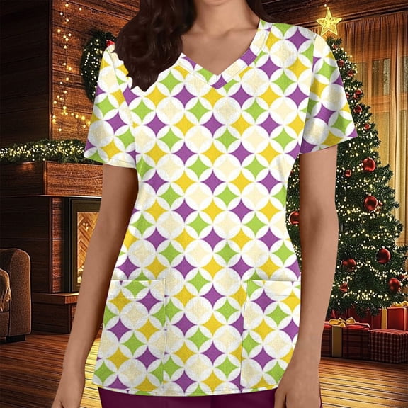 BEFOKA Graphic Scrub Tops Women Short Sleeve V Neck Medicals Nurse Shirt Printed Soft Casual Uniform with Pockets 2025 Scrub Tops for Women Comfortable Work Uniform Holiday Scrub Shirt