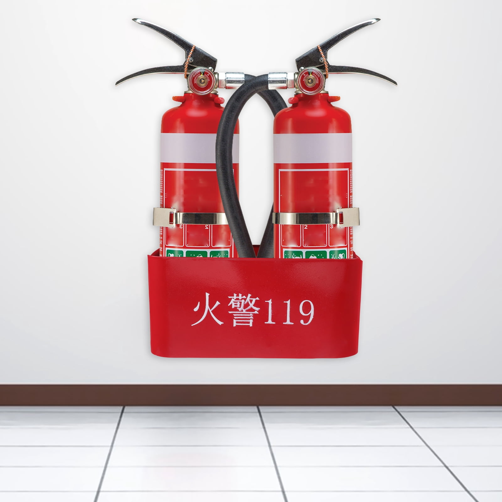 Red Fire Extinguisher Wall Mount Holder for Daily Use Made of Iron Supports Double Extinguishers