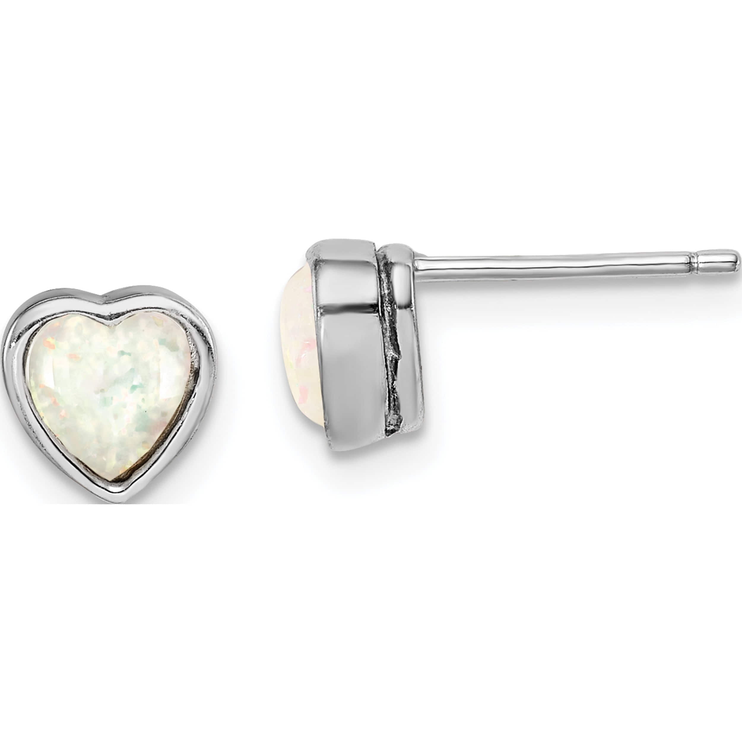 925 Sterling Silver Rhodium-plated Polished Simulated-Opal Heart Stud Post Earrings