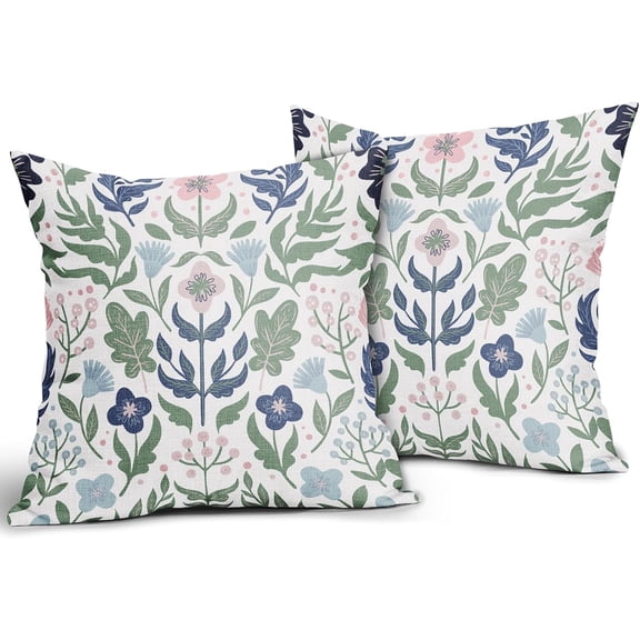 Blue Green Floral Pillow Covers 18x18 Set of 2 Navy Pink Sage Flower Flower Block Print Decorative Throw Pillowcases Outdoor Spring Summer Farmhouse Cushion Cases Decor for Home Couch Sofa Bed