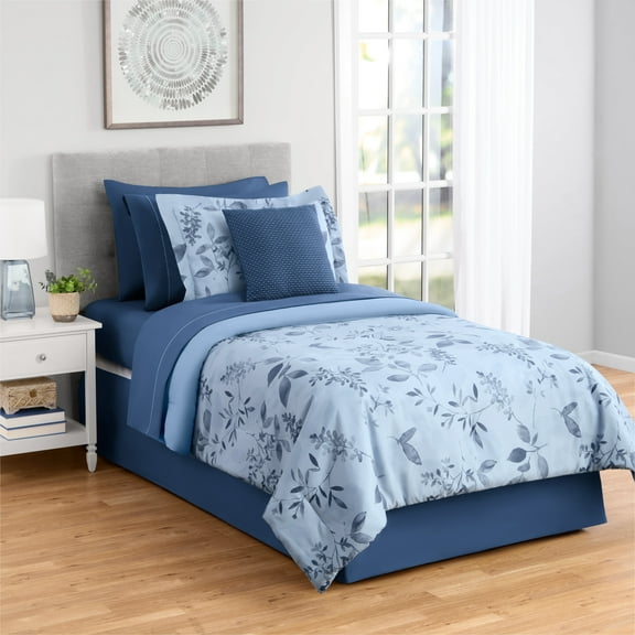 Mainstays All in One Reversible Comforter and Sheet Set- 8 Piece, Twin, Blue Floral
