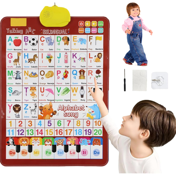 2026 New Talking Wall Chart for Kids, Electronic Alphabet Wall Chart, English & Spanish Learning Poster with Songs, ABCs, Numbers,Animal Words & Piano,Electronic Interactive Alphabet Wall Chart(Red)