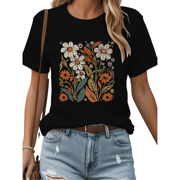 Women's Floral Pattern Graphic Breathable T Shirt Casual Cotton Short Sleeve Round Neck Top Black S-5XL