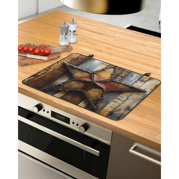 nqOlkjepod Large Induction Cooktop Protector Mat 24"x21", Farmhouse Retro Stove Top Covers for Electric Stove, Brown Country Texas Star Wooden Grain Stove Burner Cover Mats, Glass Top Stove Cover
