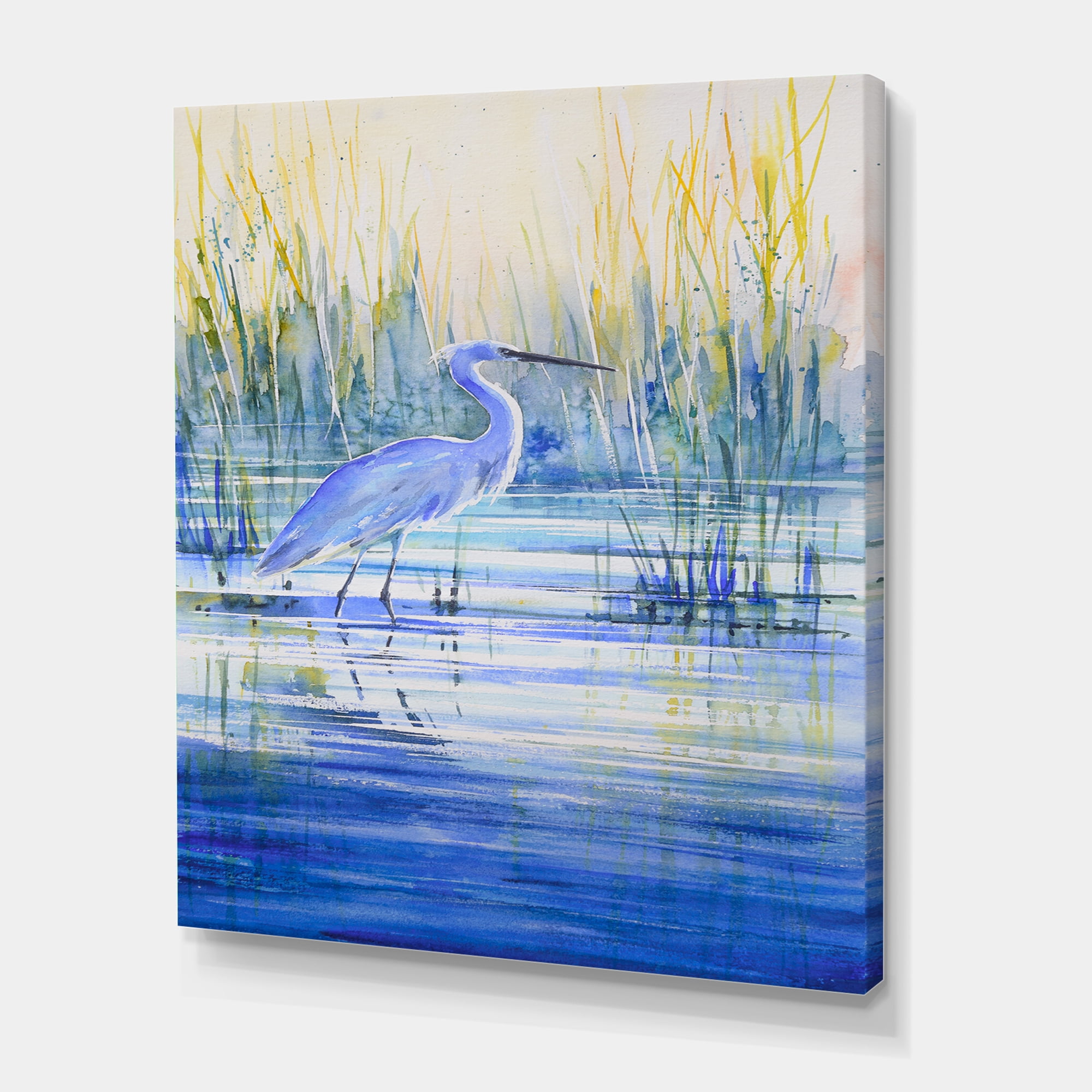Designart ' Blue Heron On The Lake Shore ' Traditional Canvas Wall Art Print