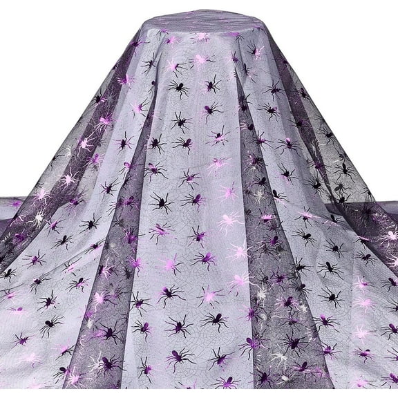 2 Yards Black Tulle Fabric with Bright Purple Spider 64.9inches Wide Spider Pattern Hot Stamping Mesh Hat Lace Fabric for Party Cosplay Handmade Clothing