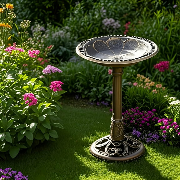 28'' Vintage Outdoor Garden Birdbath Copper Color Resin Feeder Bowl No Fountain Garden Floor Standing Birdbath