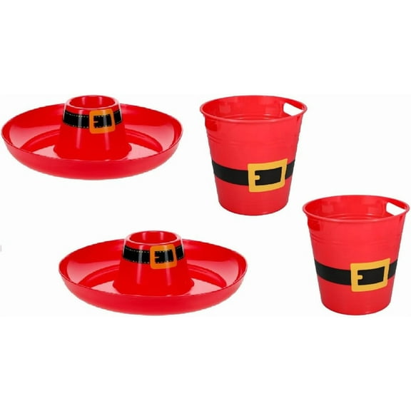 Santa Belt Christmas Round Serving Tray 13.5 Inch and Plastic Buckets with Handles Decorative Holiday Platter and Bucket for Cookies, Snacks & Treats Set of 4