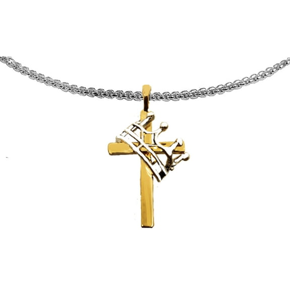 Christian, Catholic, 14KT Gold Cross, Silvertone Finish Crown, On A Beautiful Adjustable Silvertone Box Chain. The Perfect Gift! ©2023