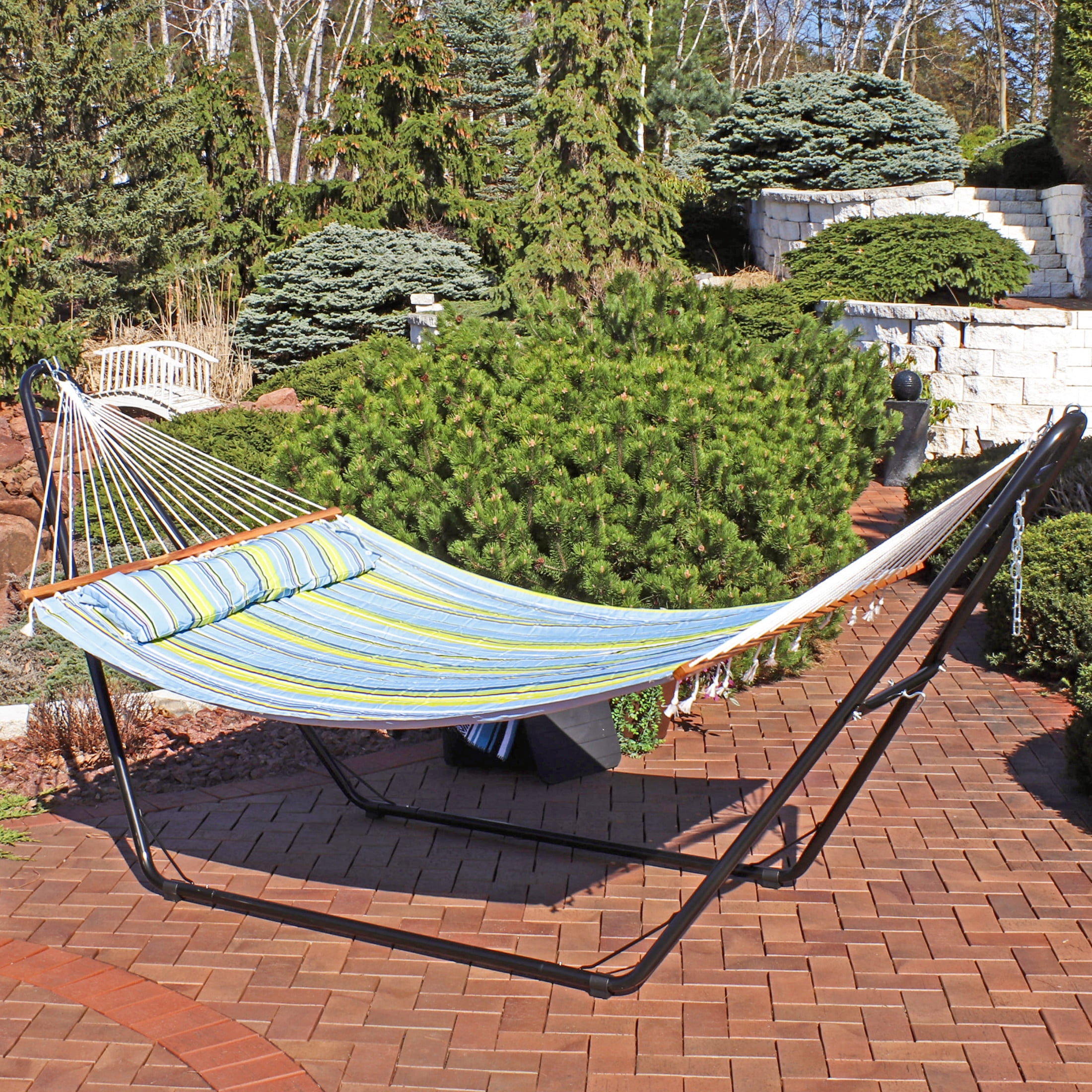 Sunnydaze 2-Person Polyester Spreader Bar Hammock with Stand, 450 lb Capacity - Blue and Green