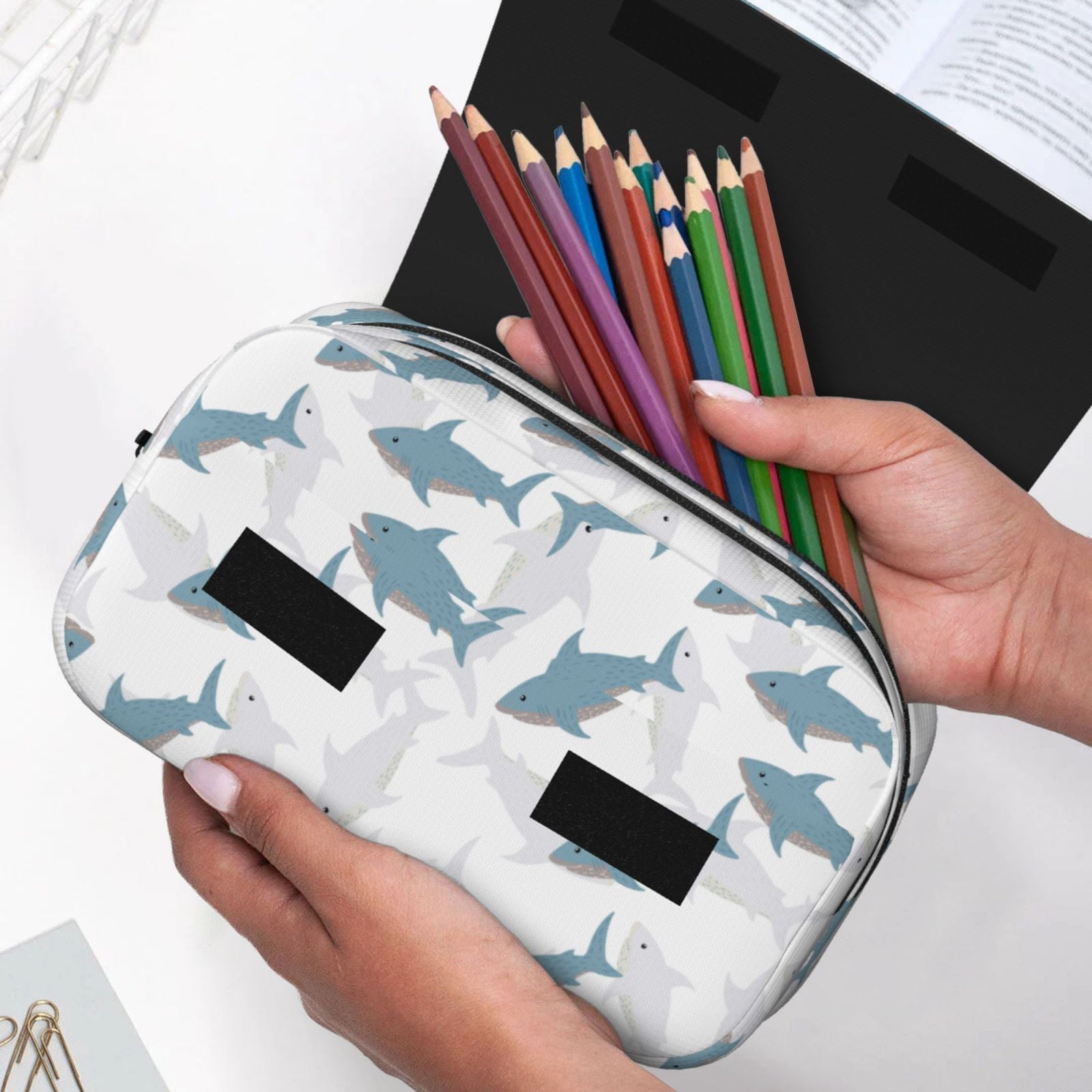 Rateoe Cute Shark Pattern Double Clamshell Pen Case, Storage Organizer with Two Zipper Compartments– Holds Up to 50 Pencils & Pens