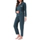 thumbnail image 4 of Conjunto de lounge para mujeres INSPIRE CHIC, de algodón, con botones, manga larga, pantalones, patrón acanalado y bolsillo, conjunto de pijama, ropa de casa, talla XS, azul lago, 4 of 6