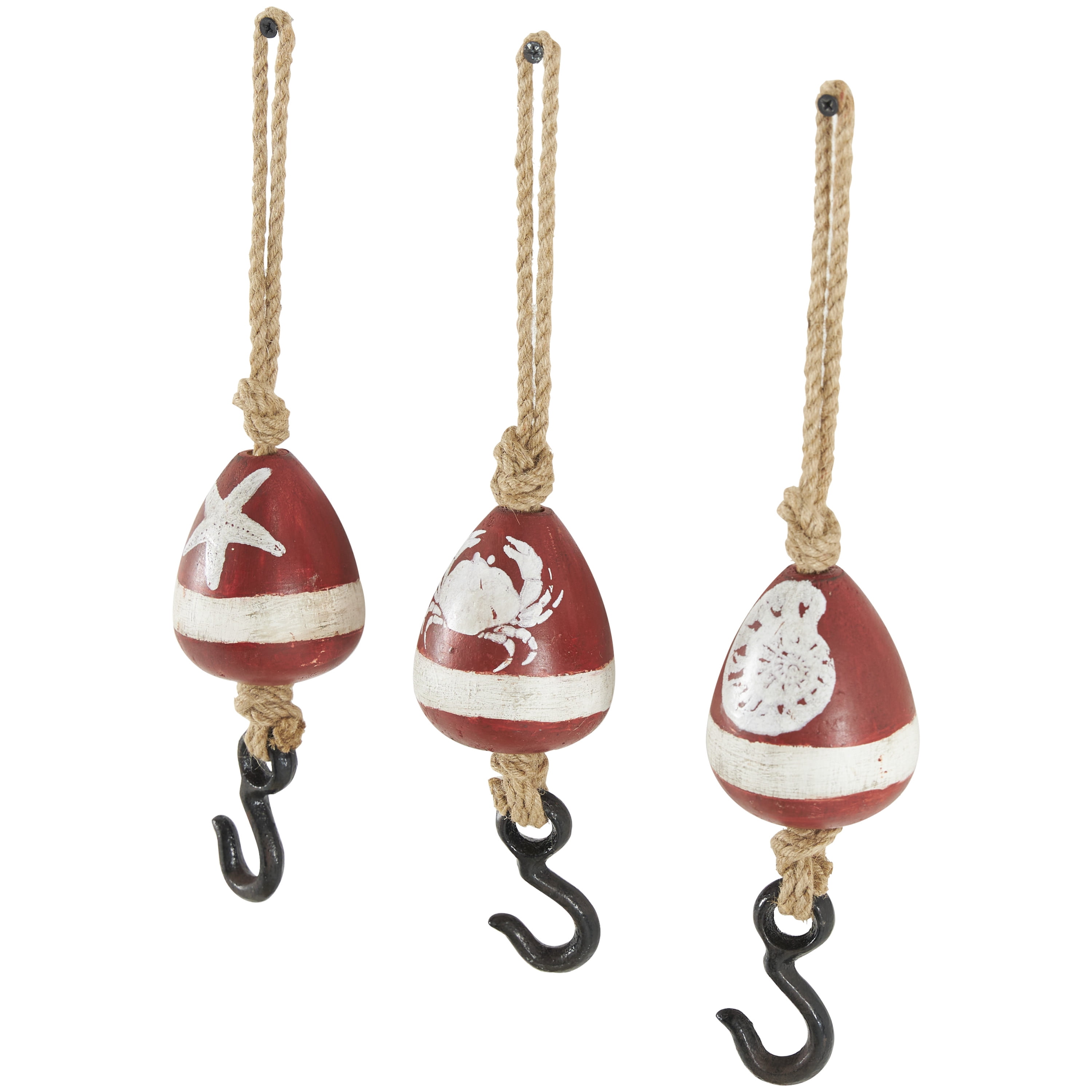 DecMode 3"W, 14"H Red Wood Buoy Wall Hook with Jute Rope and Metal Hook, 3-Pieces
