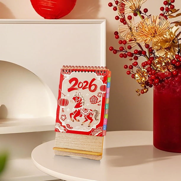 2026 Desk Calendar Mini Paper Desktop Calendar Festive Red Stand • 13-Month January–December Planner • Thick Non-Bleed Pages • Triangular Base • Office Home Gift