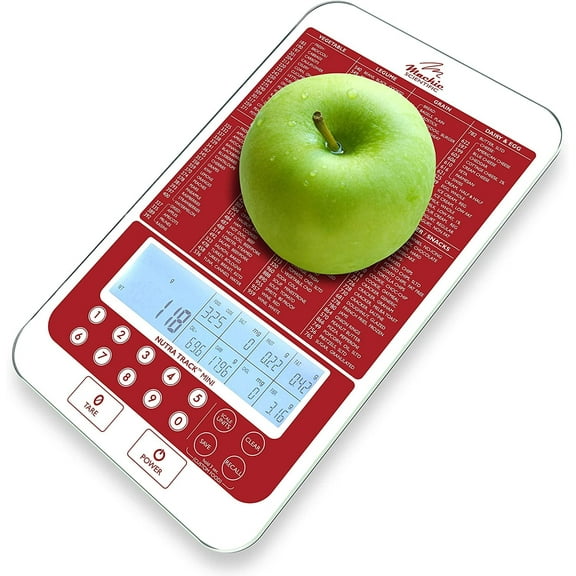 NUTRA TRACK Food and Nutrition Scale, Features: Our Proprietary USDA Nutritional Calculator, Food Portions Made Easy, Supported and Designed in Seattle WA. Red/White