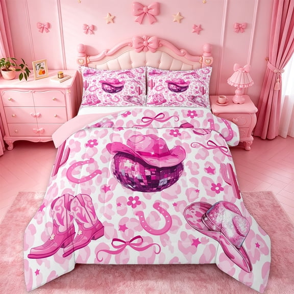 jejeloiu Pink Disco Cowgirl Full Size Comforter Sets Kids,Girly Western Pattern Bedding Sets,Reversible,3 Pieces