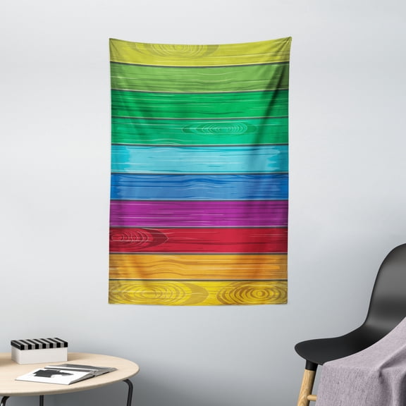 Rainbow Decor Tapestry, Abstract Art Style Colorful Wooden Wall Country Style Wall Illustration Print, Wall Hanging for Bedroom Living Room Dorm Decor, 40W X 60L Inches, Multicolor, by Ambesonne