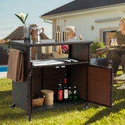 Homefun Outdoor Grill Carts with Storage Cabinet - Outdoor Bar Carts with Wheels Wicker Patio Kitchen Island Bar Table Weatherproof Prep Stand, Black