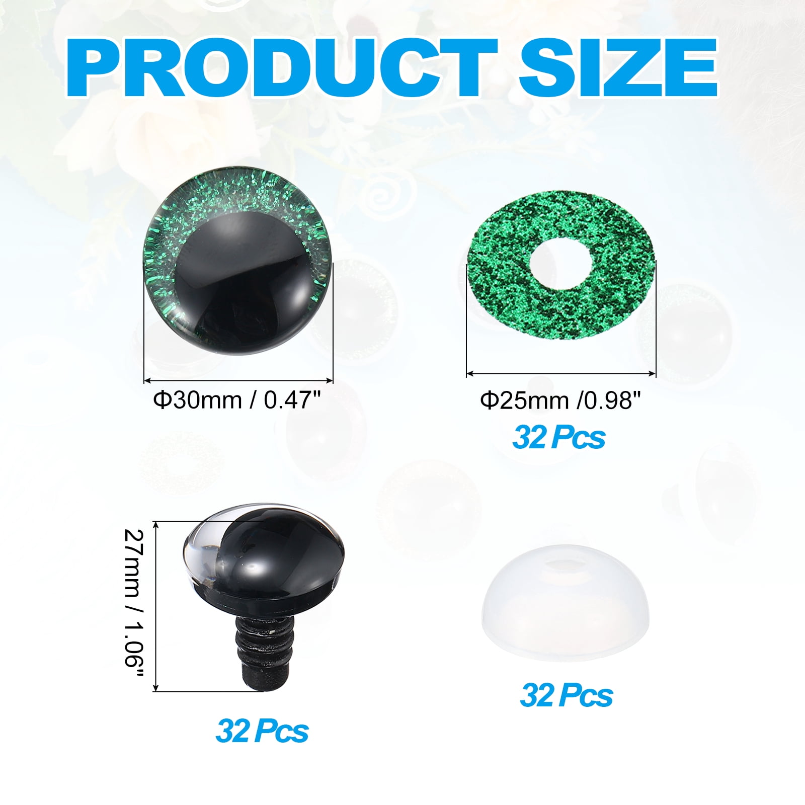 Uxcell 30mm Flash Safety Eyes, 34 Set Plastic Glitter Safety Eyes with Washers Soft Buttons Realistic Colorful Crocheting for Decor Crochet Accessories Dolls Craft, Green