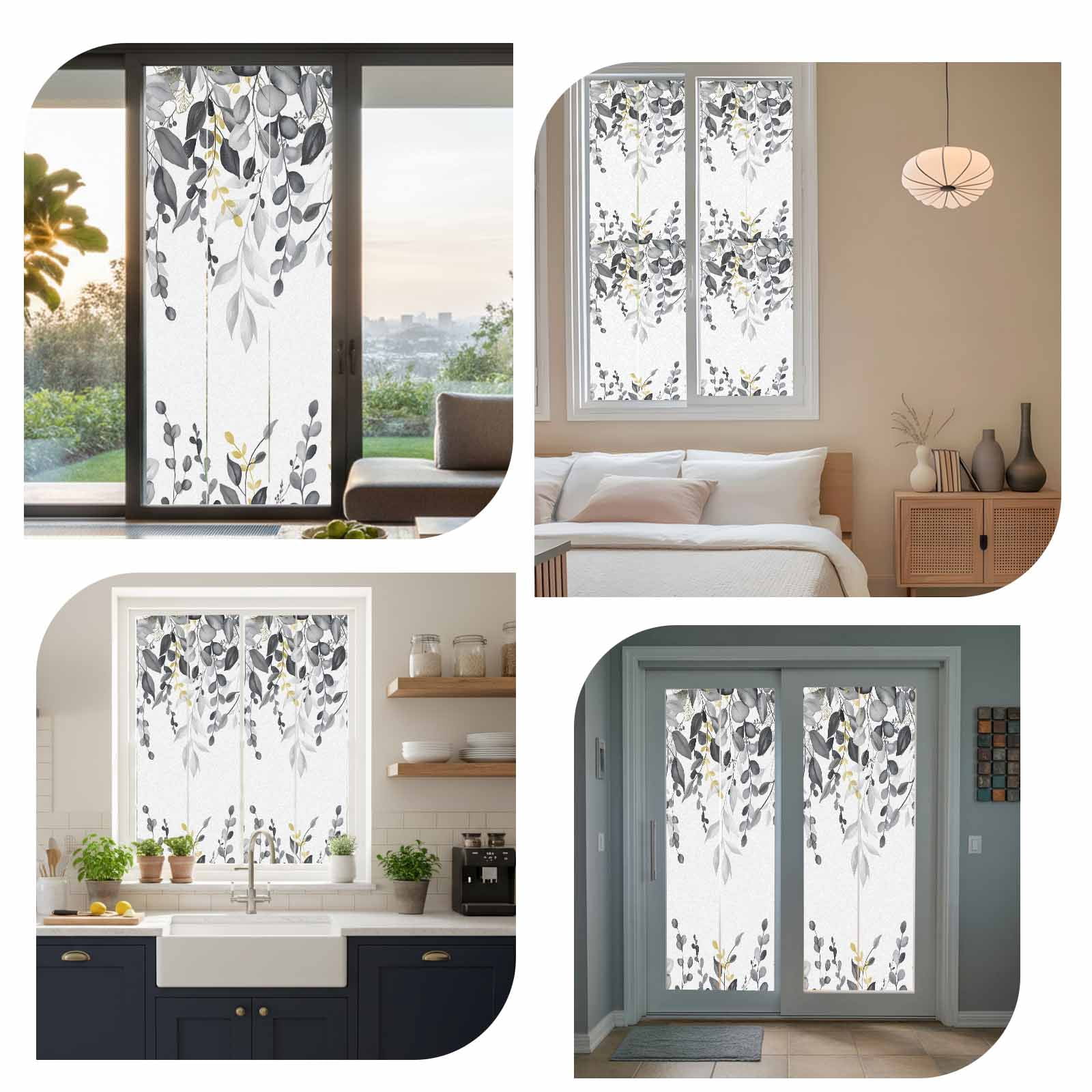 Static Cling Door Window Covering, Gray Eucalyptus Leaves Window Privacy Film Frosted, Farmhouse Botanical Watercolor UV Blocking Windows Film for Office, Hotel, Bedroom, 29.5 x 78.7 Inches