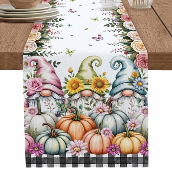 nqOlkjepod Gnomes Pumpkins Fall Table Runner 60 Inches Long Farmhouse Dress Scarves, Thanksgiving Floral Leaves Butterfly Dining Tablerunner for Coffee Table/Kitchen Island/Party Décor, 13" x 60"