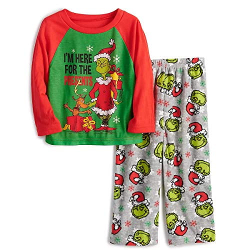 Jammies For Your Families The Grinch Toddler Boys Girls Christmas Jersey  Fleece Pajama Set (3T) Red, Green