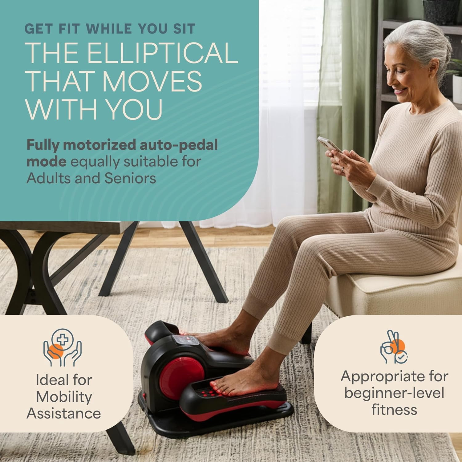 Lifepro AutoGlide Under Desk Elliptical - Motorized Pedal Exerciser with Red Light Therapy - Red