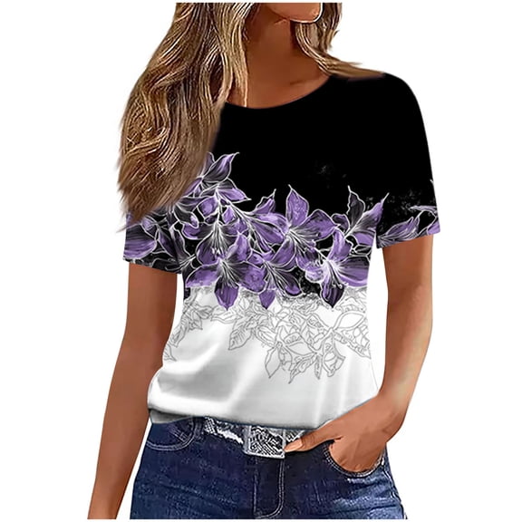 asdoklhq Tshirts Shirts for Women Collared Women's Casual and Fashionable Printed T-shirt with Round Neck and Short Sleeved Top Purple M