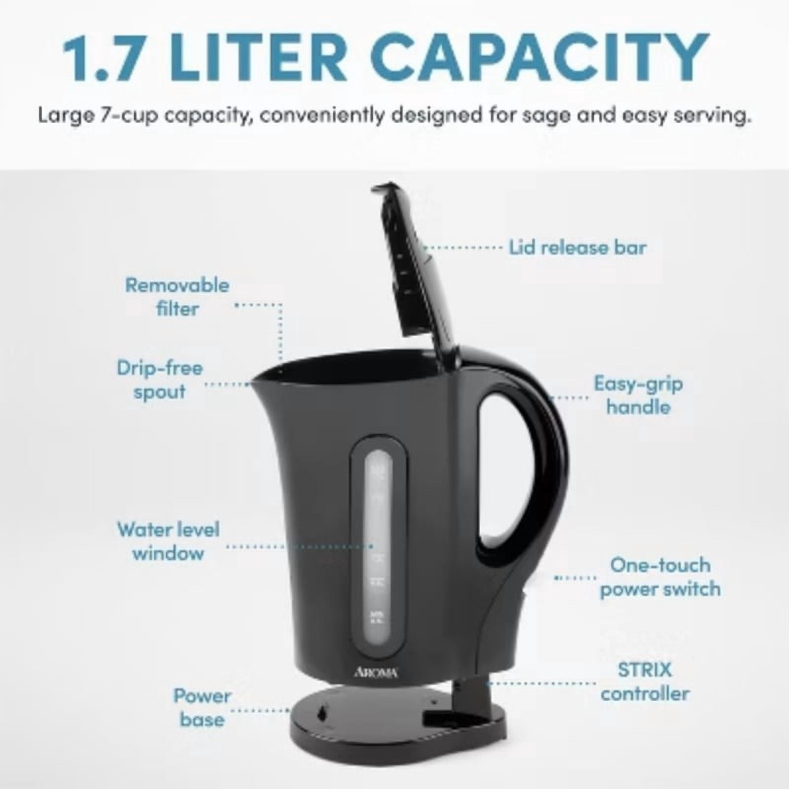 1.7L Electric Kettle - Black: Dripless Spout, 1500W, Water Level Viewer