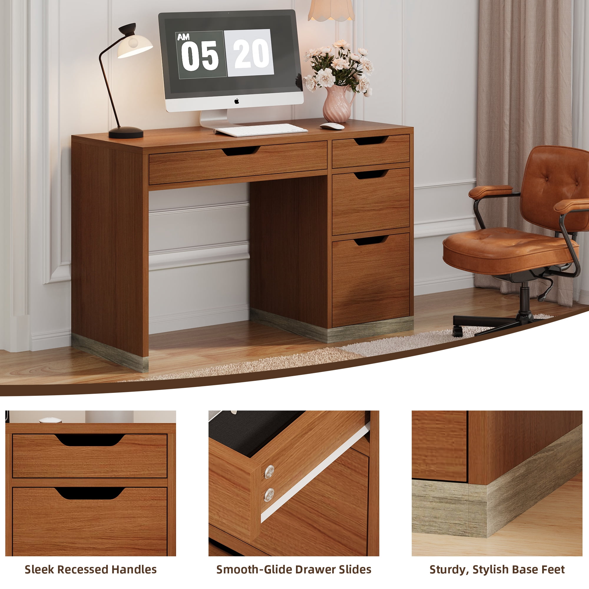 4 EVER WINNER 48" Computer Desk with Drawers, Home Office Writing Desk with Spacious Legroom, Modern Study Desk for Bedroom, Office and Small Spaces，Brown