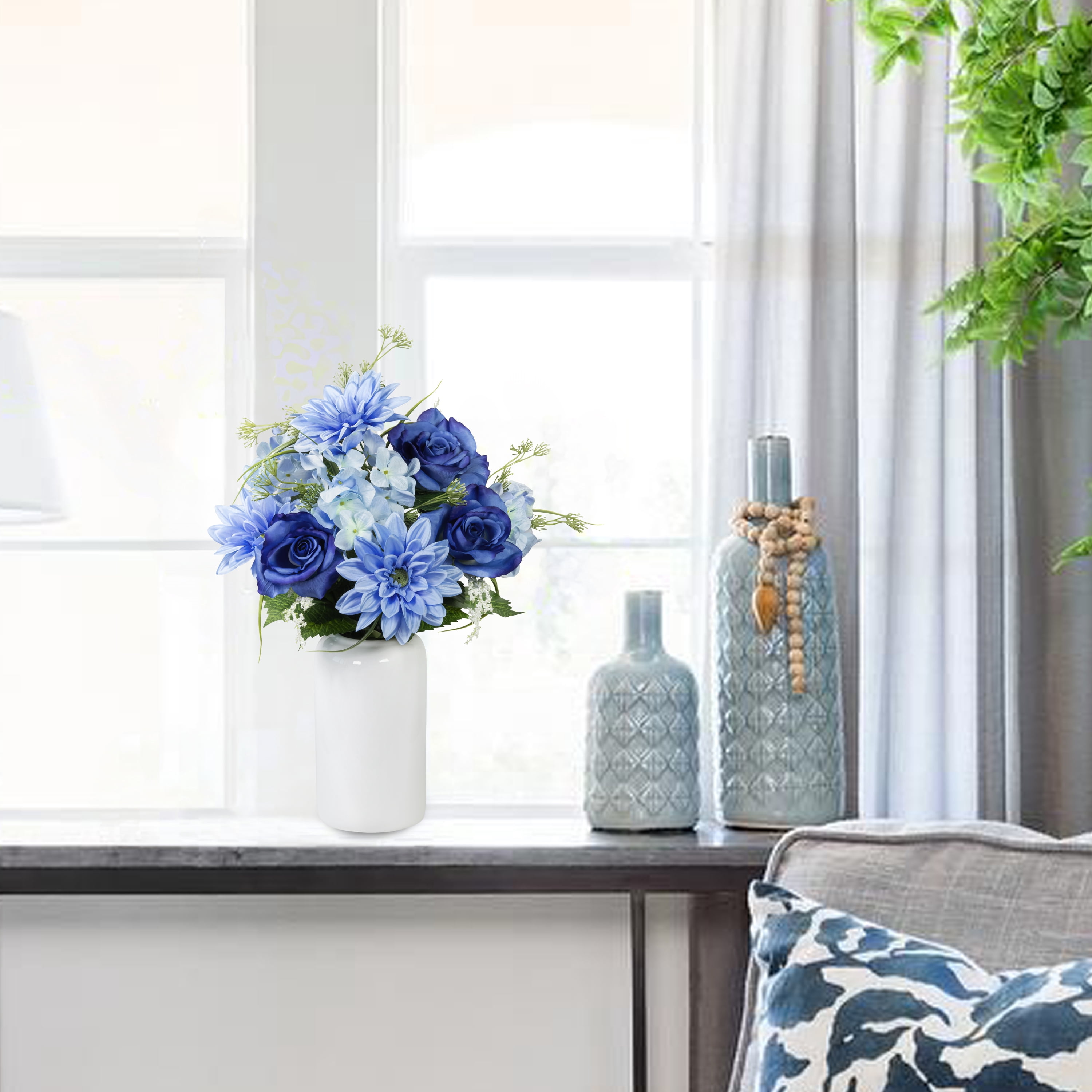 18-inch Artificial Silk Blue Roses & Dahila Mixed Summer Bouquet, for Indoor Use, by Mainstays