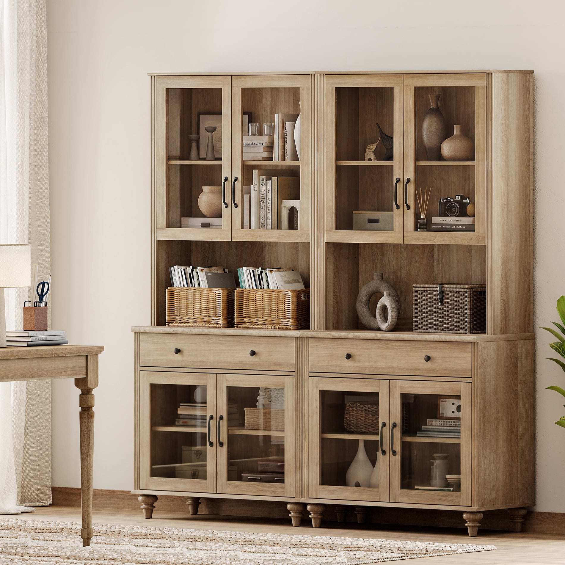 72.1"H X 67.7"W Large Farmhouse Bookcase with Glass Doors, Drawer & Bar Hutch, Wooden Bookshelf for Living Room, Bedroom, Home Office, Kitchen, Oak
