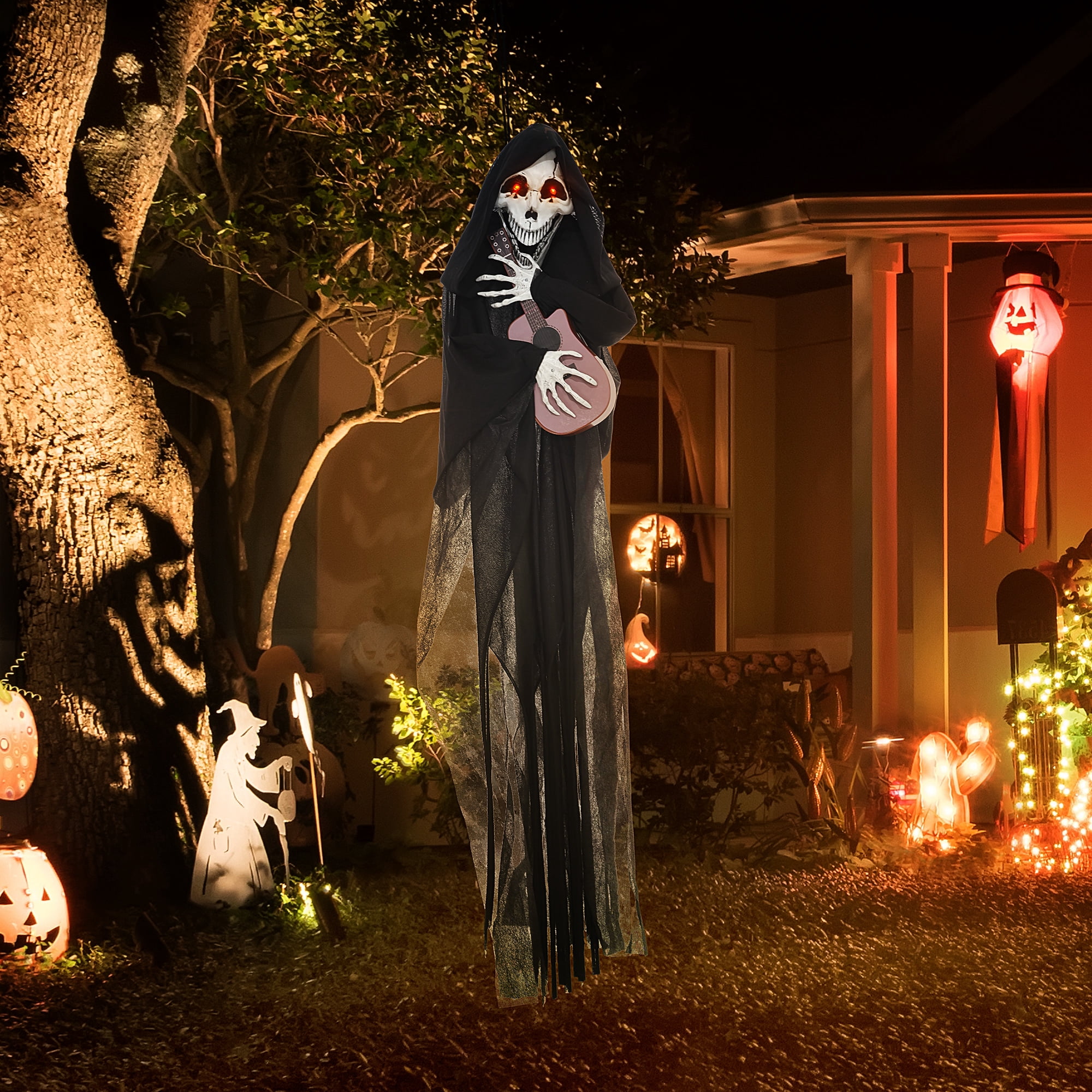 4.3' Outdoor Halloween Decoration Animatronic Guitar-playing Grim Reaper, Sound and Motion Activated Animated Prop with Light Up Eyes & Guitar Music
