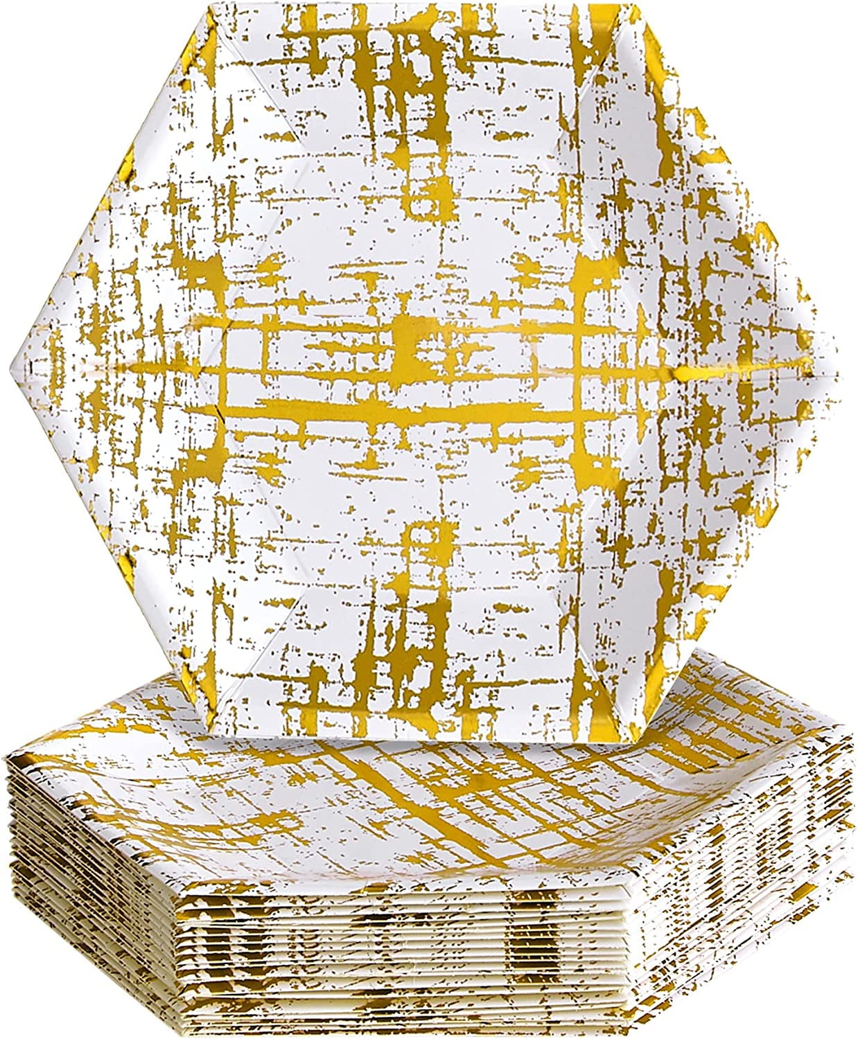 Hexagon Disposable Dinner Plates (18 Pc) Metallic Sketchy Print Paper Plates, Heavy Duty Paper