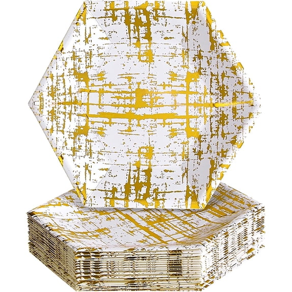 Hexagon Disposable Dinner Plates (18 Pc) Metallic Sketchy Print Paper Plates, Heavy Duty Paper Plates 10 inch, Gold Party Supplies for Weddings, Great for Birthdays, Baby Showers & Events - Arctic