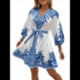 thumbnail image 1 of Vestido Mini Informal con Cuello en V, Estampado Floral, Mangas Farol y Botones para Mujer. Azul L, 1 of 7