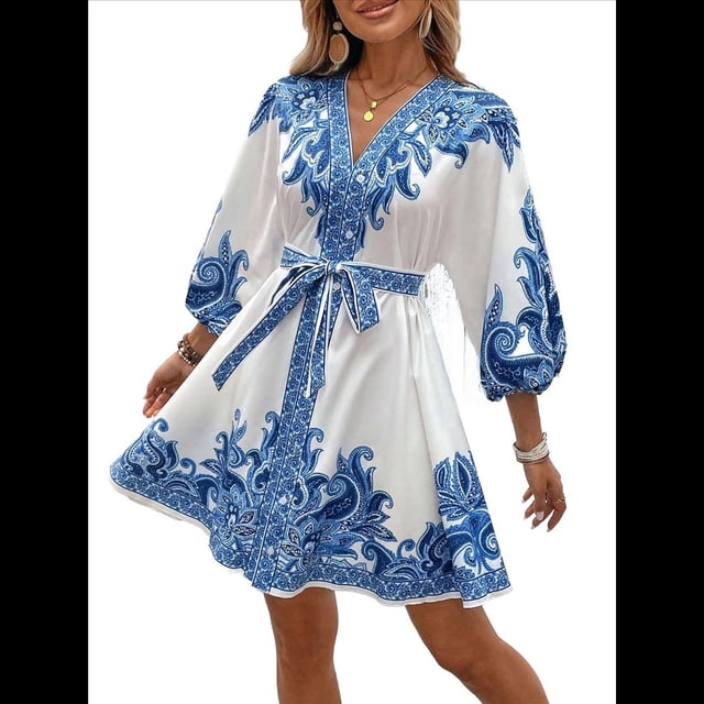 Vestido Mini Informal con Cuello en V, Estampado Floral, Mangas Farol y Botones para Mujer. Azul L