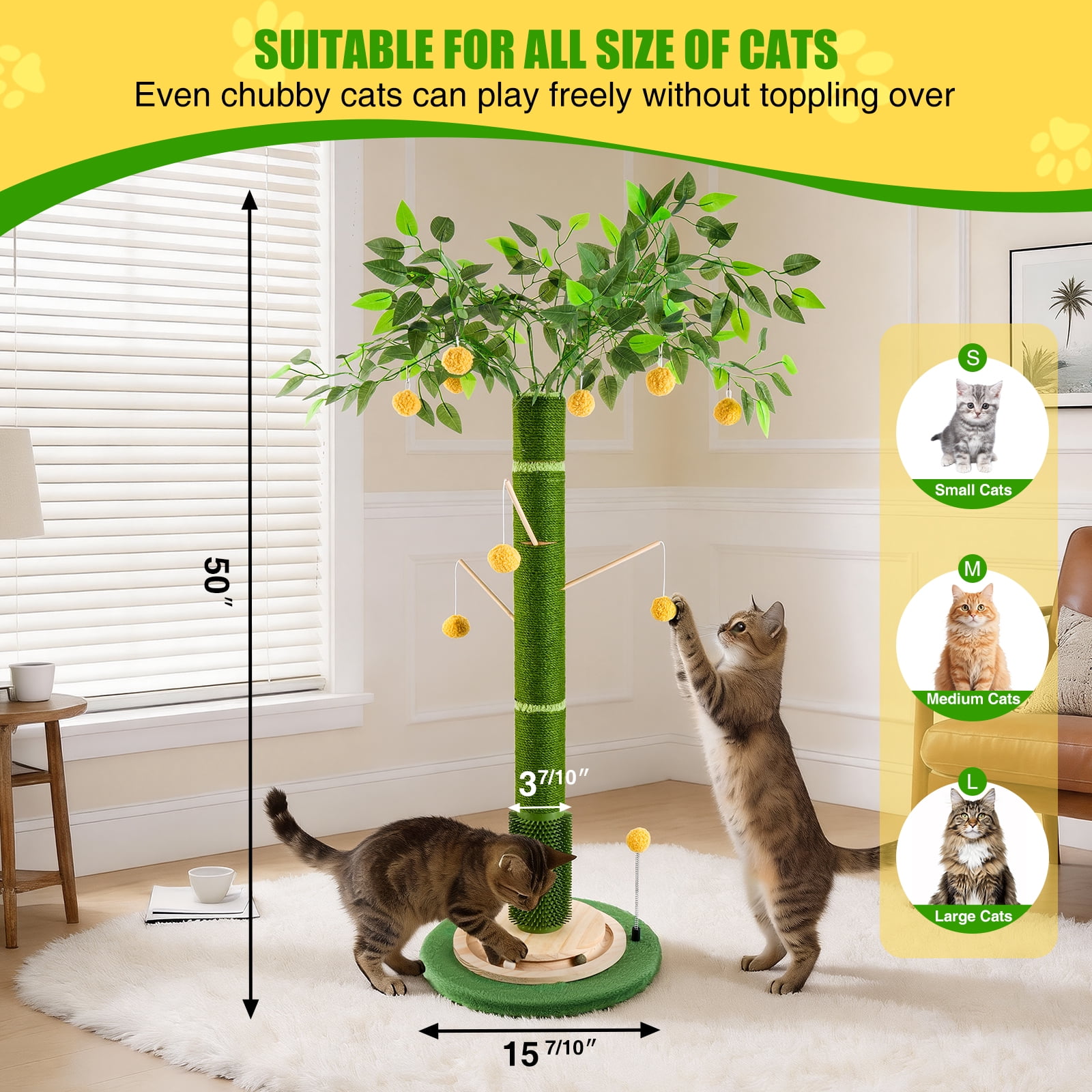 45'' Tall Cat Scratcher with Sisal Rope,Cat Scratching Posts for Indoor Cats with Interactive Ball,Self Groomer with Hanging Ball for for Kittens Adults Cats