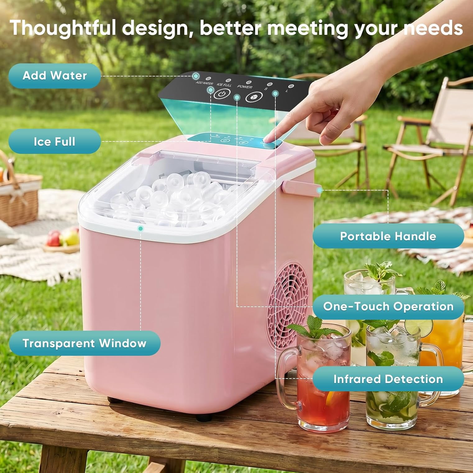 Countertop Ice Maker, 26lb/Day Bullet Ice Maker Machine with Handle, 9 Cubes in 6-8 Minutes, Auto-Cleaning for Home, Kitchen, Pink