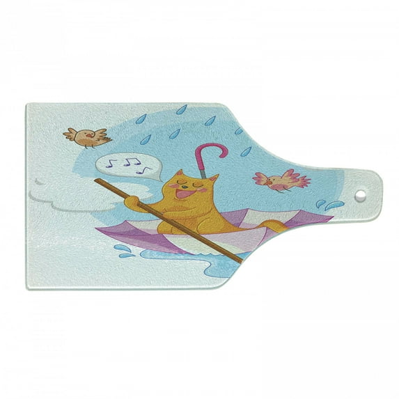 Kitten Cutting Board, Cat Under the Umbrella Sail in the Clouds and Humor Cartoon Theme, Decorative Tempered Glass Cutting and Serving Board, Wine Bottle Shape, Multicolor, by Ambesonne