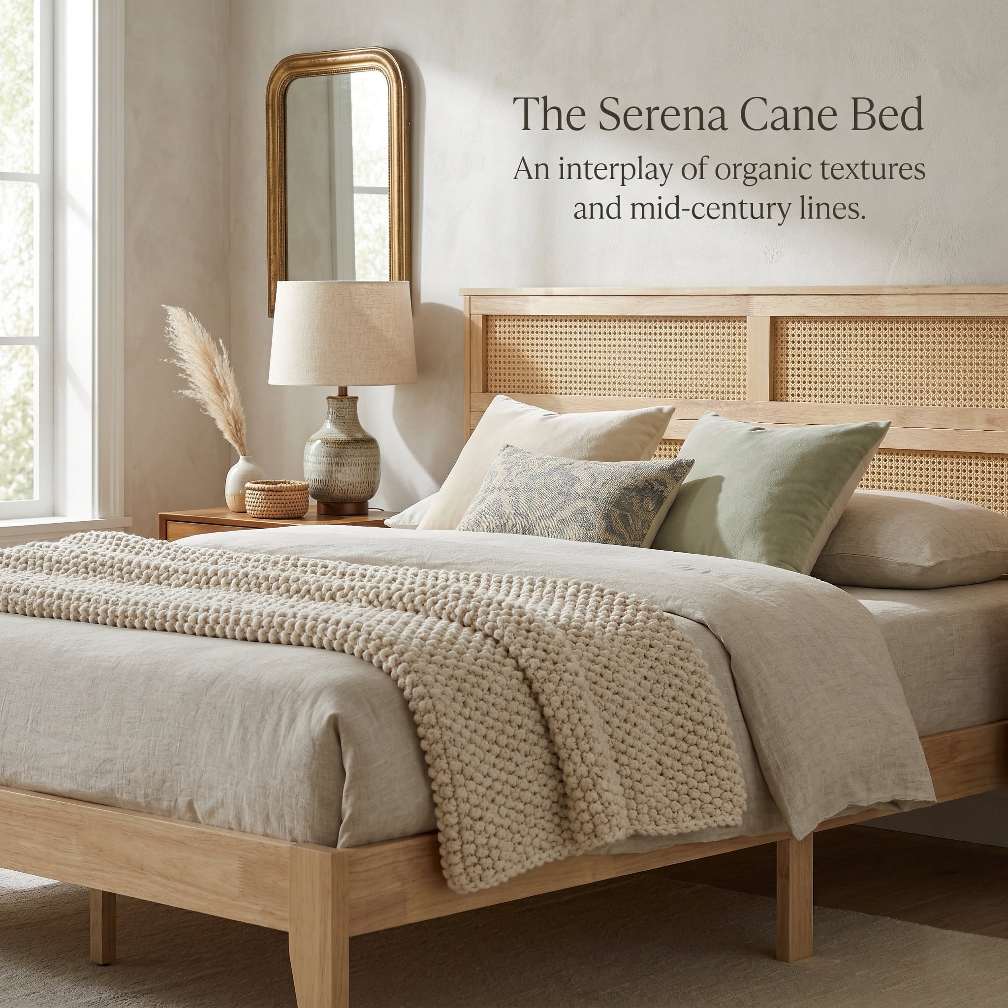 King Size Solid Wood Bed with Rattan Headboard, Rubber Wood Bed Frame with Central Support Beams and 8 Inch Underbed Storage for Bedroom, Natural, 84.5x79.2x40.8 Inch