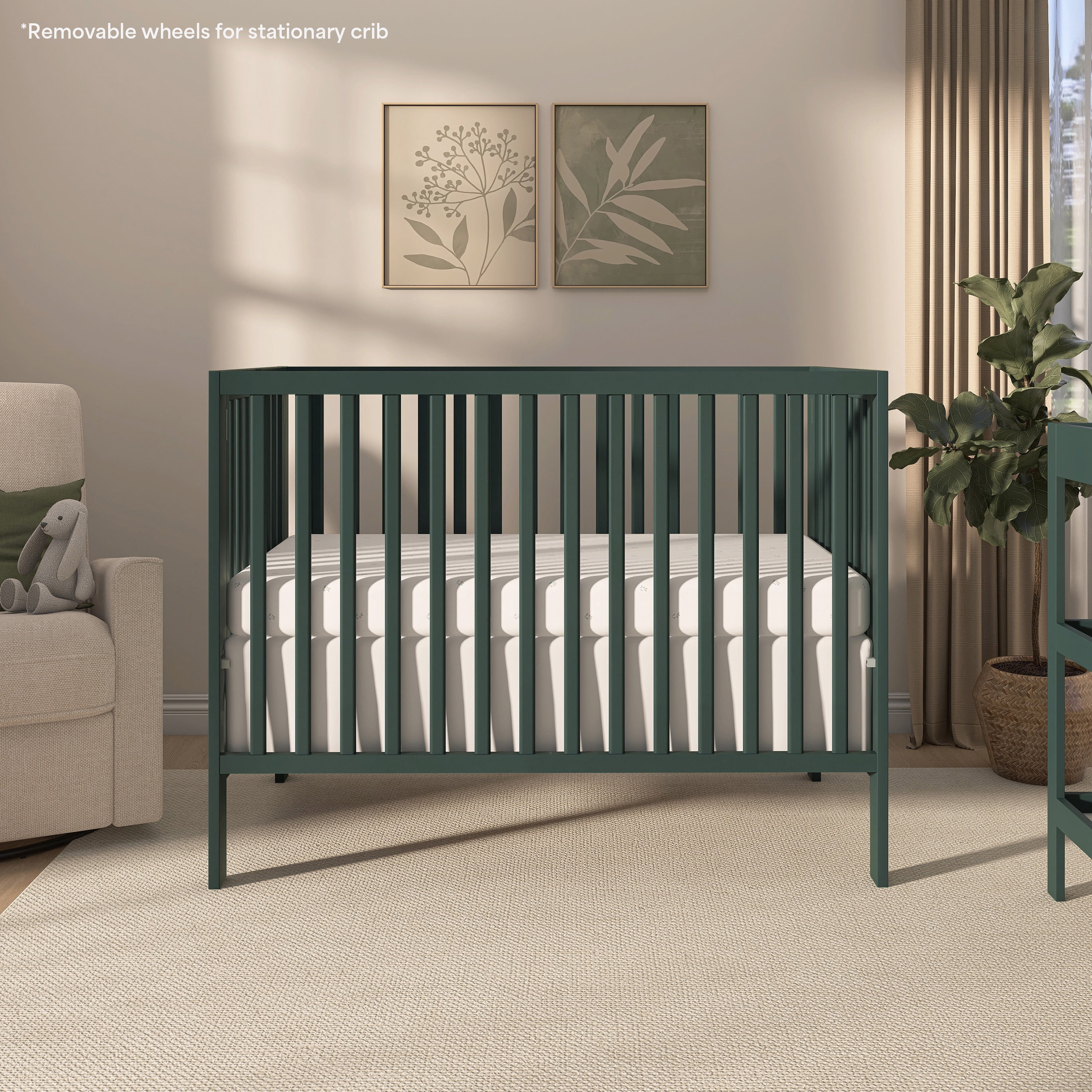Dream On Me Quinn Full-Size Folding Crib, Removable Wheels, Modern Nursey, Adjustable Mattress Support, Patent Folding System in Olive
