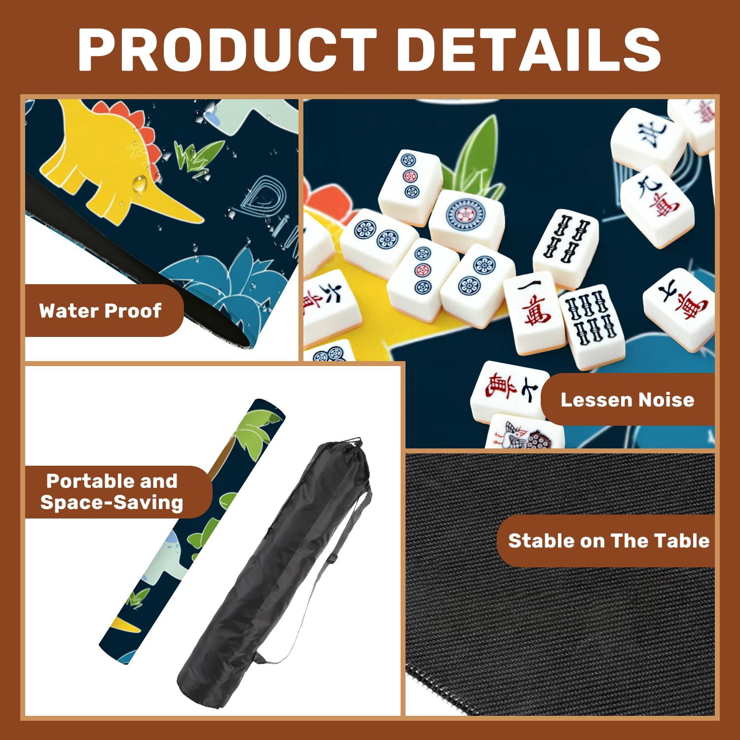 Mahjong Mat 31.5" x 31.5" seamless colorful dinosaurs dinosaur silhouette Non-Slip Noise Reduction American Mahjong Tiles Table Cover for Dominoes Poker Card Board Games Gift