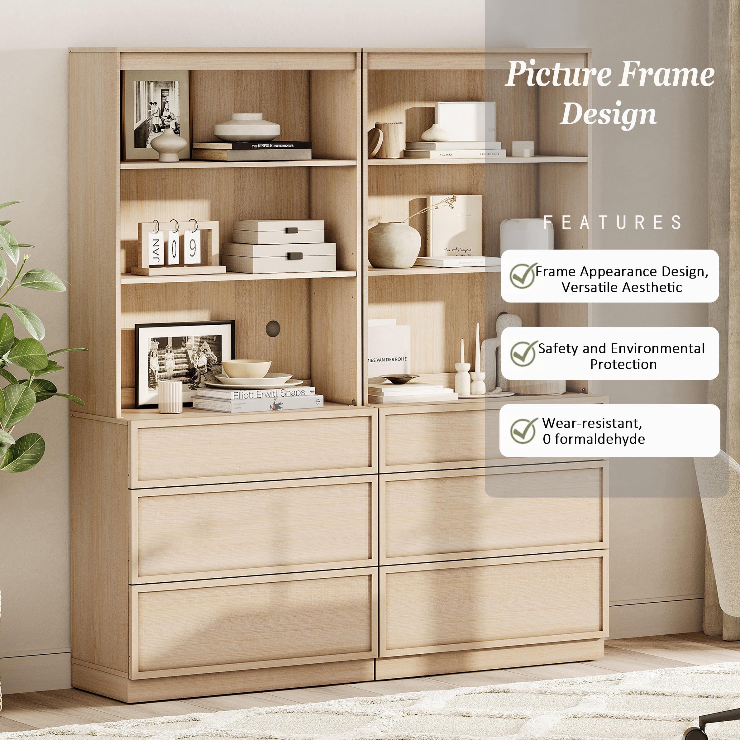 Modern 72" Tall 63" Wide Wood Sideboard Buffet with 6 Drawers & Open Shelves for Dining Kitchen,Beige