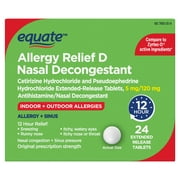 Equate Allergy Relief D Nasal Decongestant, Cetirizine Hydrochloride Extended Release Tablets, 5 mg, 24 Count